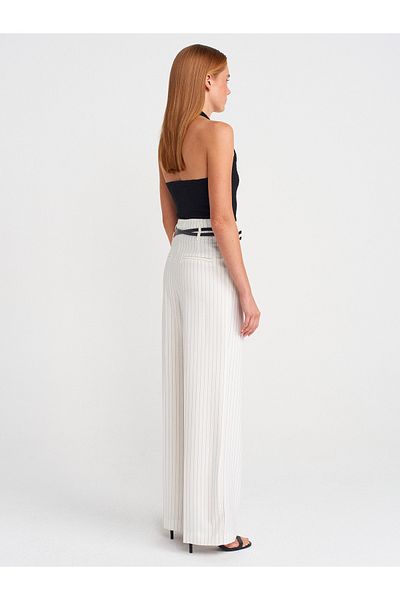 Dilvin 72153 Belted High Waist Trousers-White