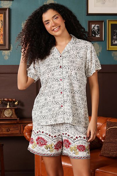 Clovia Floral Print Button-Down Shirt & Shorts Set in White - Rayon