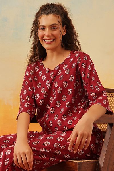 Clovia Floral Print Kurta Top & Pyjama Set in Maroon - Rayon