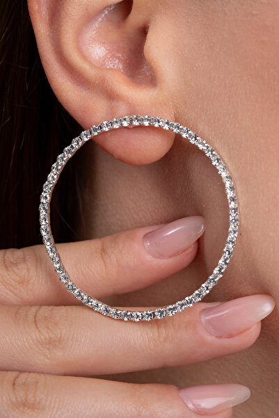 Elika Silver Halka Model Taşlı Büyük Boy Küpe