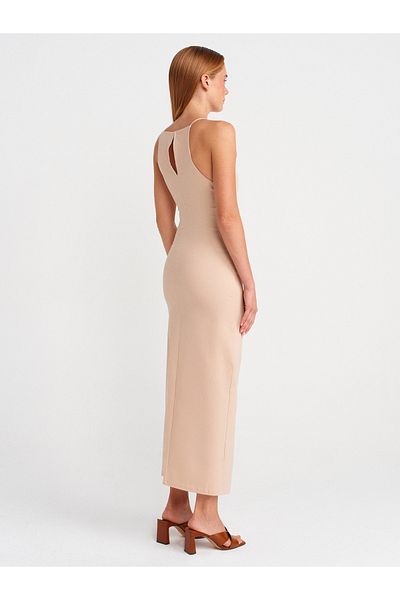 Dilvin 91502 Halter Neck Midi Dress-Beige