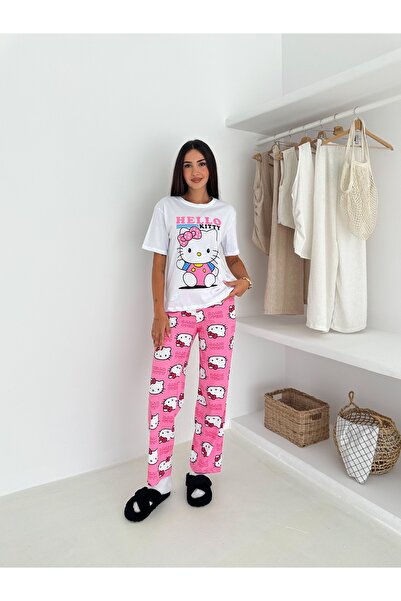 LETS BASIC Σετ πιτζάμες Hello Kitty με τύπωμα Λευκό επάνω μέρος και ροζ κάτω μέρος