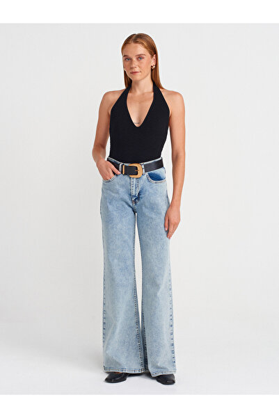 Dilvin 10799 Halter V-Neck Textured Knitwear Blouse-Black