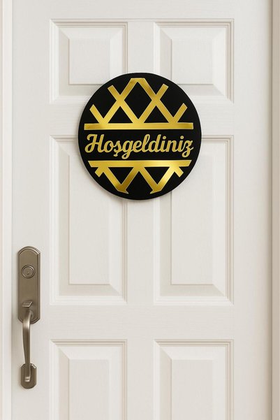Hoşgeldiniz Yazılı Zemin Üzeri Altın Renk Aynalı Pleksi Kapı Süsü