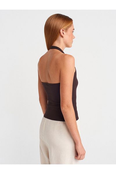Dilvin 21162 Halter Neck Top-Dark Brown