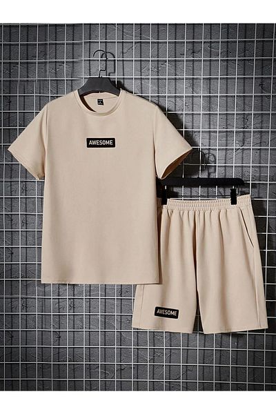 PENTHİLUS Men's graphic t-shirt with lettering and drawstring waist shorts