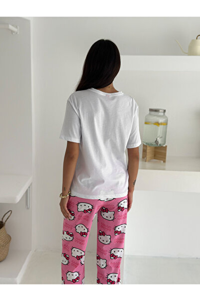 LETS BASIC Σετ πιτζάμες Hello Kitty με τύπωμα Λευκό επάνω μέρος και ροζ κάτω μέρος