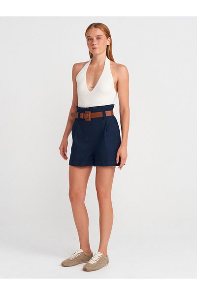 Dilvin 72138 Elastic Waist Belted Shorts-Navy Blue