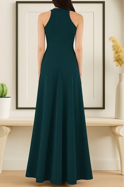 Modayakamoz Women's Sleeveless Halter Neck Deep Slit Detail Full Length Imported Crepe Dress