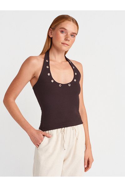 Dilvin 21162 Halter Neck Top-Dark Brown