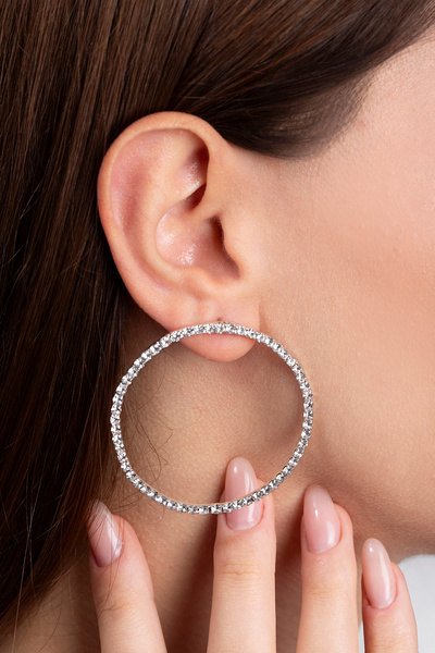 Elika Silver Halka Model Taşlı Büyük Boy Küpe