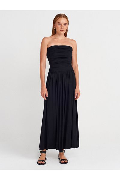 Dilvin 91496 Strapless Gathered Dress-Black