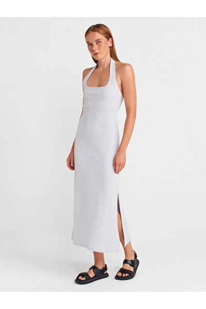 Dilvin 91510 Halter Yaka Midi Elbise-Gri Melanj