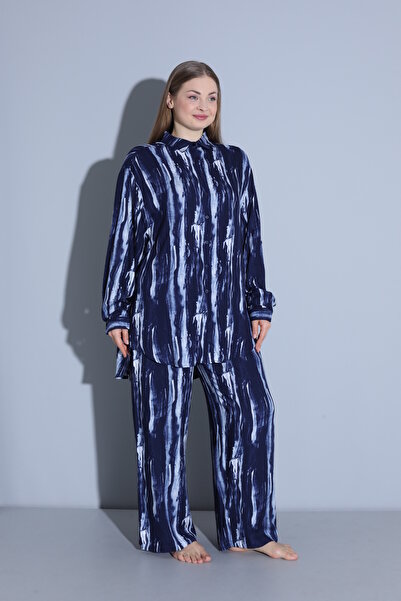 Juliet Deluxe Women's Plus Size Woven Viscose Fabric Shirt Collar Bottom-Top Set 33604-B