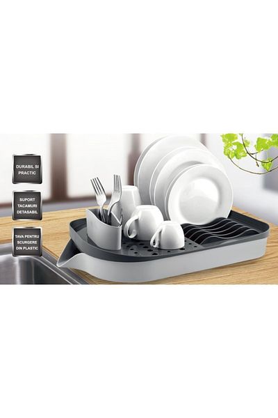 FOXMAG24 Dish drainer with tray & cutlery holder, plastic/silicone, 47.5×32.5×12 cm, gray