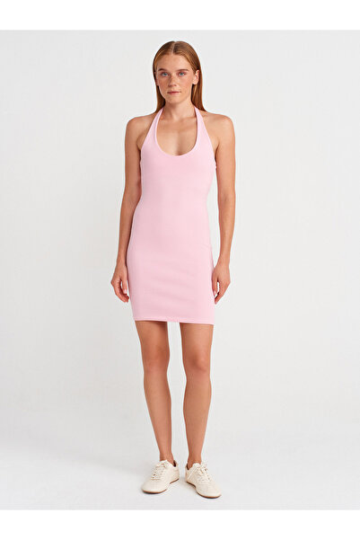 Dilvin 91508 Halter Yaka Mini Elbise-Toz Pembe
