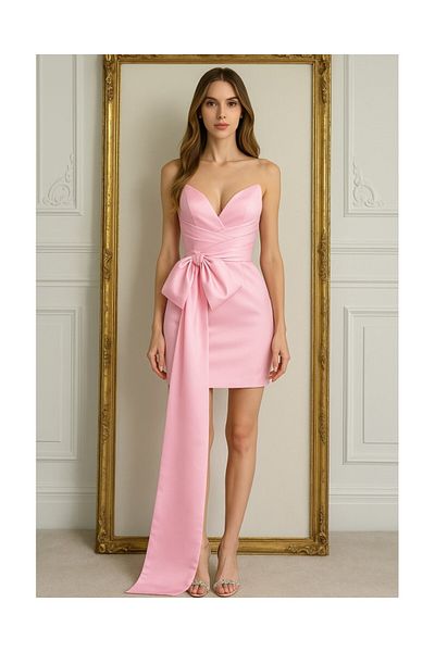 OPHIRA Short Pink Dress in Taffeta with Oversized Bow