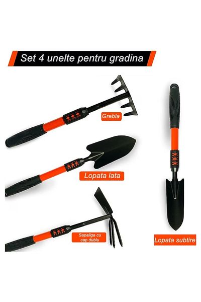 FOXMAG24 Set of 4 garden tools, extendable non-slip handle, metal, easy to use & store, red/black