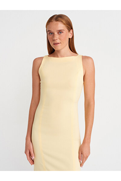 Dilvin 91099 Vücuda Oturan Midi Elbise-Açık Sarı
