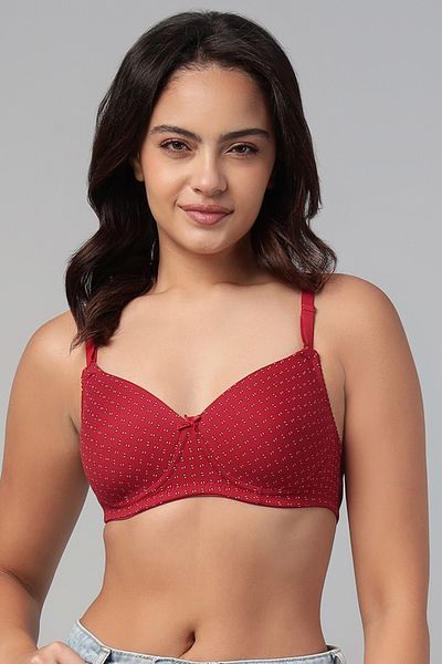 Clovia Padded Non-Wired Full Coverage Printed Multiway T-shirt Bra in Red - Cotton