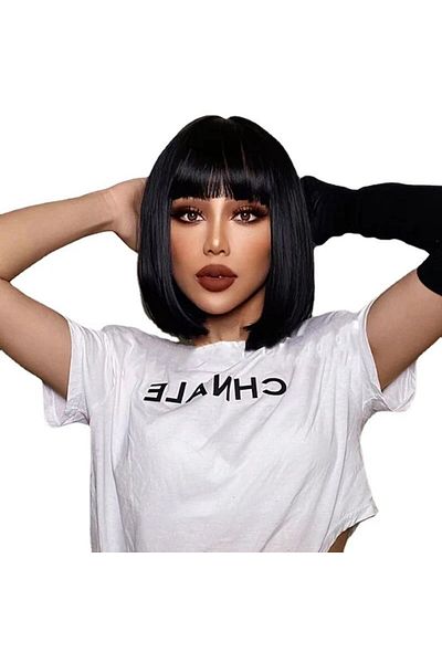 Generic Black Bangs Wig - Short Straight Hair