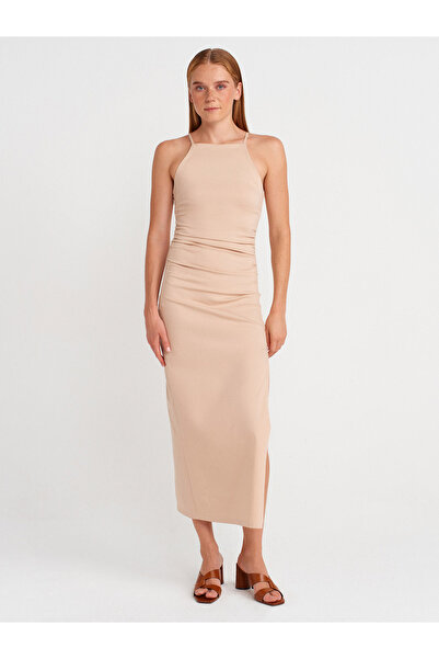 Dilvin 91502 Halter Yaka Midi Elbise-Bej