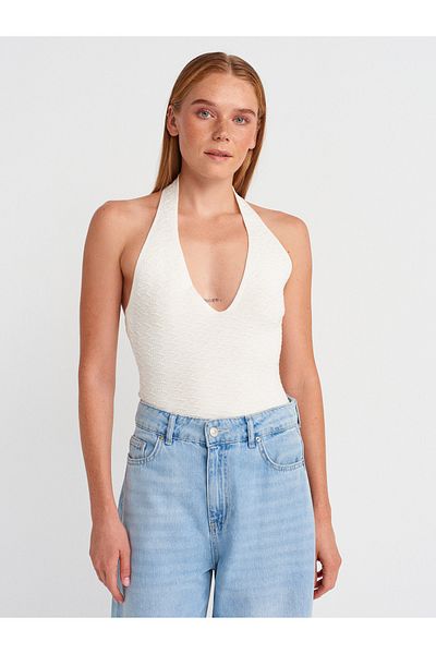 Dilvin 10799 Halter V-Neck Textured Knitwear Blouse-Ecru