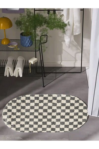 EUROBANO Checkerboard Patterned Non-Slip Base Washable Oval Bath Mat One Piece 60X100 cm Shaggy Chess