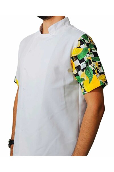 Ant Rotagrup Üniforma ve İş Elbiseleri Chef Jacket Patterned Unisex Snap Fastener Short Sleeve Summer Chef Cook Kitchen Jacket Lemon Pattern