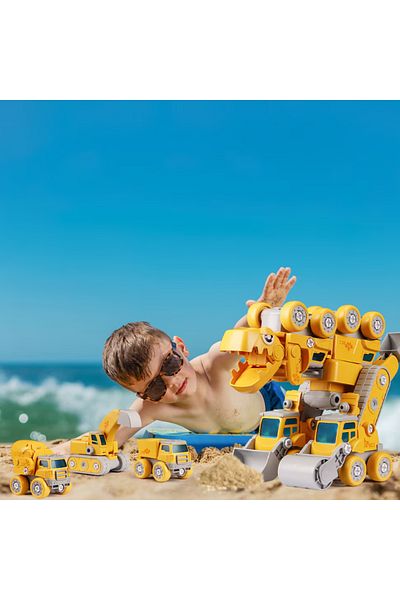LUDIRO Dinozaur Transformabil 5 in 1 cu Vehicule de Constructii STEM, Sunete si Lumini