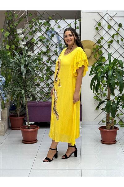 Punta Otantik Vl9636 Feather Printed Half Sleeve Voile Dress Yellow