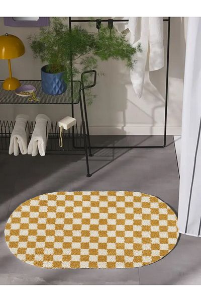EUROBANO Checkerboard Patterned Non-Slip Base Washable Oval Bath Mat One Piece 60X100 cm Shaggy Chess