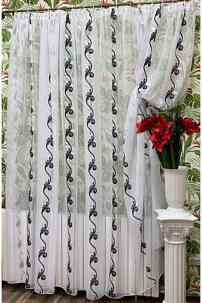 Liz Line Mechanically embroidered curtain, with rejansa, various sizes, white/black, "Flower garland" by LizLine RD176