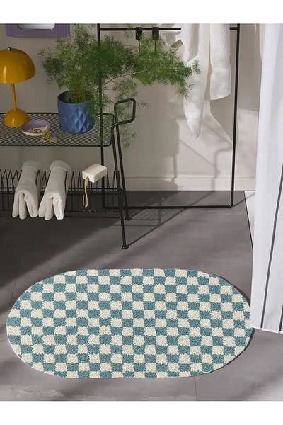 EUROBANO Checkerboard Patterned Non-Slip Base Washable Oval Bath Mat One Piece 60X100 cm Shaggy Chess