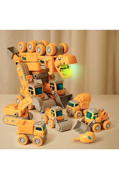 LUDIRO Dinozaur Transformabil 5 in 1 cu Vehicule de Constructii STEM, Sunete si Lumini