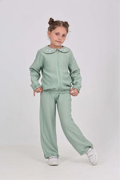 Toontoy Girl's Collar Embroidered Tracksuit Set
