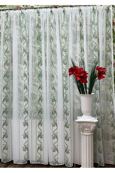 Liz Line Mechanically embroidered curtain, with rejansa, various sizes, white/green, "Flower garland" by LizLine RD214