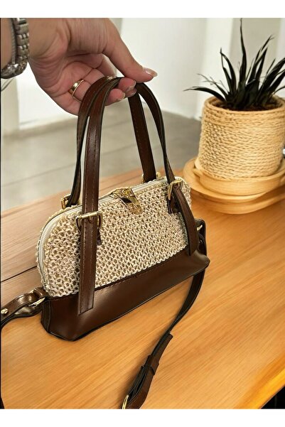 LEATHEROO Kadın Örgü Dokulu Özel Tasarım Kahverengi Baget Çanta