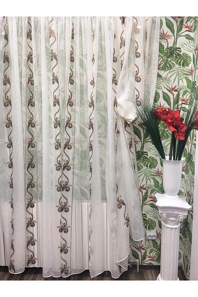 Liz Line Mechanically embroidered curtain, with drapery, various sizes, ivory/brown, "Flower garland" by LizLine RD119