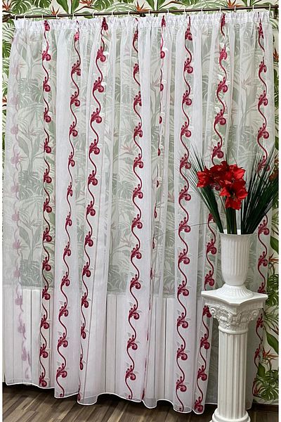 Liz Line Mechanically embroidered curtain, with rejansa, various sizes, white/red, "Flower garland" by LizLine RD183