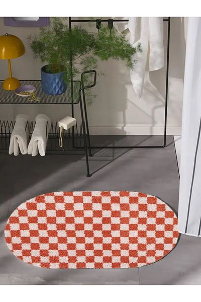 EUROBANO Checkerboard Patterned Non-Slip Base Washable Oval Bath Mat One Piece 60X100 cm Shaggy Chess