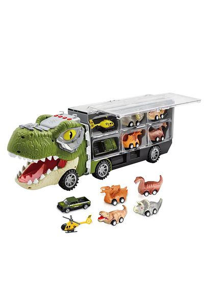 LUDIRO Camion Dinozaur Interactiv cu Lumini, Sunete si 6 Jucarii Pull-Back - Educatie