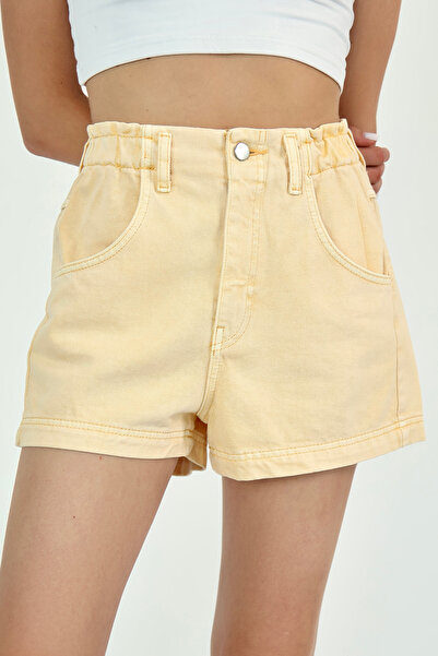 Trendyol Collection Yellow Elastic Waist Mini Denim Shorts Twoaw26Sr00046