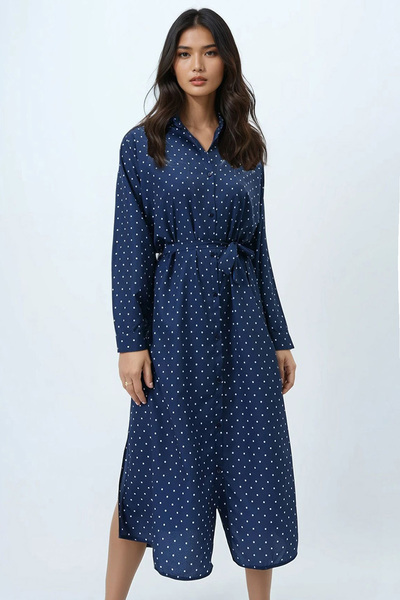 Trend Alaçatı Stili Women's Ocean Blue Polka Dot Pattern Woven Viscon Shirt Dress Alc-X6247-1