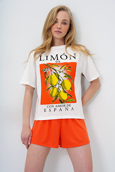 Trend Alaçatı Stili Damen-Pyjama-Set aus Baumwolle mit Basic-T-Shirt und Shorts mit Orangen- und Zitronen-Aufdruck PJM-X13903