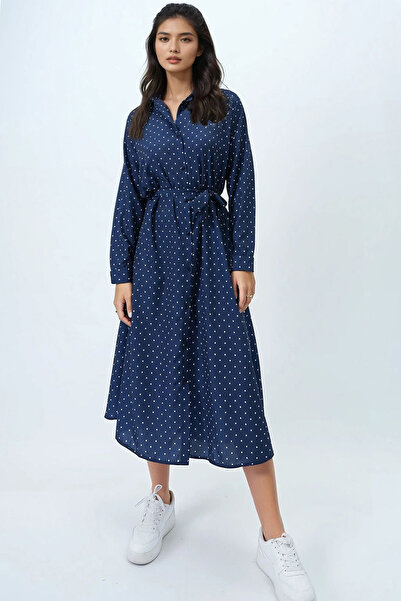 Trend Alaçatı Stili Rochie cămașă din viscoză țesută cu model cu buline albastru ocean pentru femei ALC-X6247-1