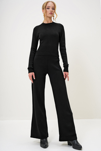 Trend Alaçatı Stili Women's Crew Neck Knitwear Crop Blouse and Palazzo Pants Suit Dark Black Alc-X12995