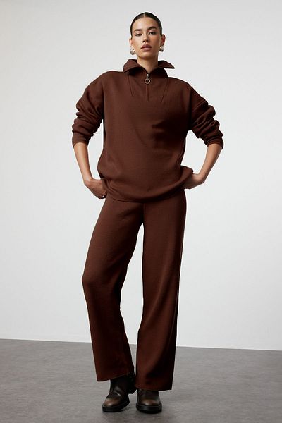 Trendyol Collection Brown Wide Fit Zippered Knitwear Bottom-Top Set Twoaw24Au00026