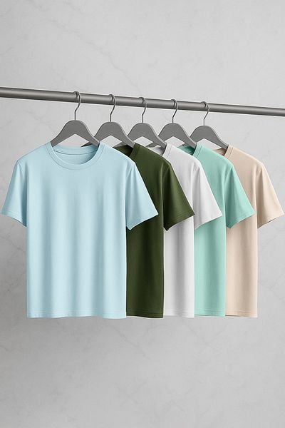 Trendyol Collection White-Mint-Rhinestone-Light Blue-Khaki 5-Piece Slim/Narrow Cut 5-Pack 100% T-Shirt T-Shirt Tmnaw20Ts0243