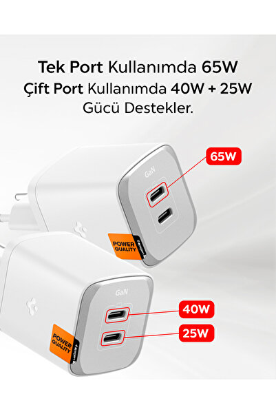 Spigen 65W USB-C 2 Port Mini Hızlı Şarj Aleti Samsung PPS 2.0 / Isı Düşürücü GaN III Akım Korumalı ACH05164